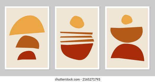 Un conjunto de afiches abstractos que representan figuras simples. Marco moderno y minimalista de estilo boho moderno. Decoración de pared de mediados del siglo, huella de arte vectorial. Composición de cifras simples.