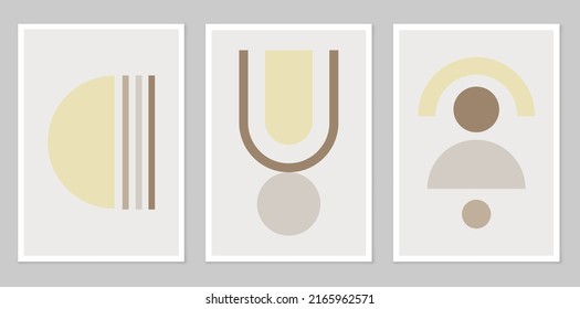 Un conjunto de afiches abstractos que representan figuras simples. Marco moderno y minimalista de estilo boho moderno. Decoración de pared de mediados del siglo, huella de arte vectorial. Composición de cifras simples.