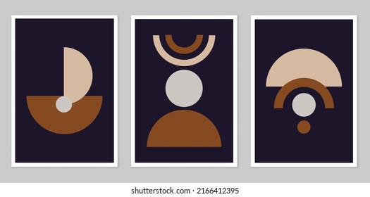 A set of abstract posters depicting simple figures. Modern minimalist background in modern boho style. Mid-century wall decor, vector art print. Composition of simple figures.