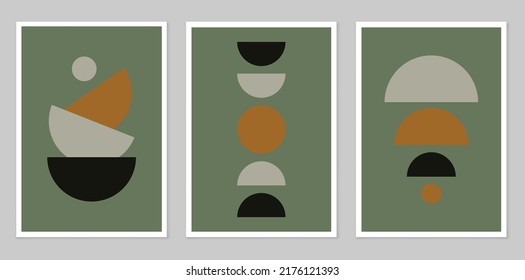 Un conjunto de afiches abstractos que representan figuras simples. Marco moderno y minimalista de estilo boho moderno. Decoración de pared de mediados del siglo, huella de arte vectorial. Composición de cifras simples.