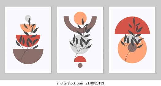 A set of abstract posters depicting simple figures. Modern minimalist background in modern boho style. Mid-century wall decor, vector art print. Composition of simple figures.