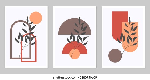 A set of abstract posters depicting simple figures. Modern minimalist background in modern boho style. Mid-century wall decor, vector art print. Composition of simple figures.