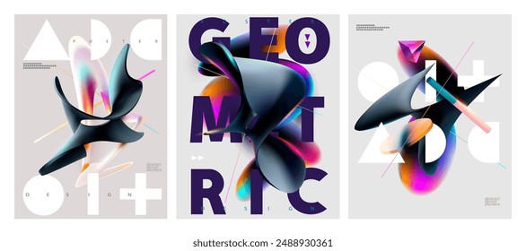 Conjunto de diseño de carteles abstractos con Formas geométricas fluidas 3D. Plantillas modernas de la cubierta del Vector .