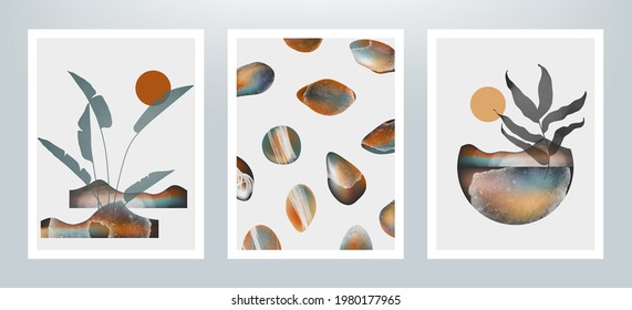 Set of abstract posters with different stones. Modern trendy minimalistic vector illustration with pebbles 