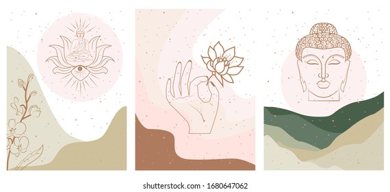 Set of abstract posters with elements of buddhism and hinduism, plants in one line style. Background mminimalistic style. Vector illustration.