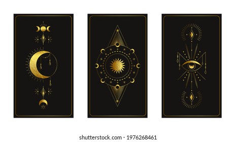 Set of abstract posters. Esoteric magical concept. Line art golden style. Design for wallpaper, background, wall decor, print, card, social media, branding, banner. Vector illustration collection