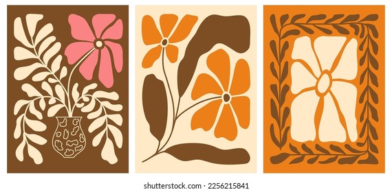 A set of abstract posters. Fashionable floral drawings for the interior, paintings, postcards, tee print in the hippie style. Modern naive groovy funky decor. Flat vector retro illustrations.