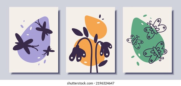 Set of abstract posters. Posters with flowers or butterflies. Vector illustration.