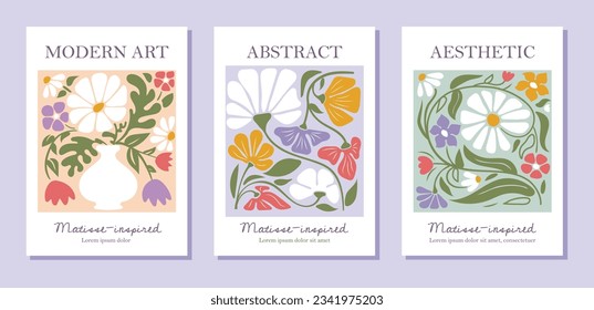 Set of abstract posters with flowers concept. Minimalistic creativity and art. Aesthetics and elegance. Bloom and blossom plants. Cartoon flat vector collection isolated on grey background