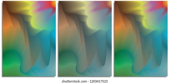 Set of abstract posters with flowing paints similar to watercolor resembling a summer day at the sea on a beautiful multicolor background in a modern style. Ideal for the cover of a folder or postcard