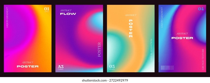 Conjunto de carteles abstractos con gradiente de malla fluida, ruido, textura de grano y efecto de superposición. Plantillas de Vertical con Formas líquidas gomosas. Fondos futuristas para el Diseño web, portadas, medios sociales.