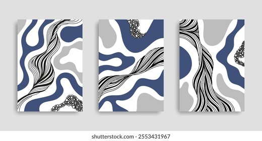 Set of abstract posters with fluid shapes. Collection of covers with ink lines. Backgrounds with wavy shapes. Wall art is hand-painted. Vector illustration. Design for notebook, card, home decor.