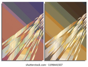 Set of abstract posters with flying colorful fragments of ice in perspective on a beautiful multicolor stripy background, modern style. Ideal for the cover of a folder, postcard, print on the clothes.