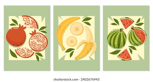 Set of abstract posters with fruit composition. Pomegranate, banana, watermelon. Summer modern vector illustration for banner, card, fruit shop, cover, a4 format