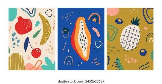 Set of abstract posters with fruits. Modern vector illustration. For interior, cards, covers