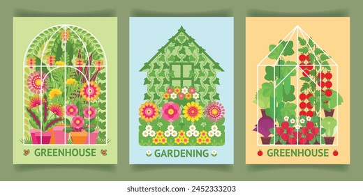 A set of abstract posters for gardening and greenhouses. Concept of green house, greenhouse, warm house. Blooming flowers, growing vegetables. Agriculture, farming, greenery. Background, card, print