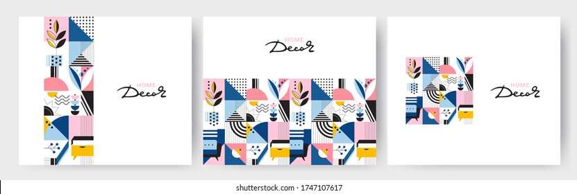 Set Of Abstract Posters With Geometric Shapes And Home Decor Elements. Seamless  Backgrounds For Brochures, Poster Design. Vector Illustration