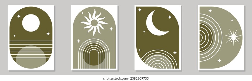 Conjunto de afiches abstractos con formas geométricas y arco zen. Arte moderno de estilo boho minimalista. Diseño para la decoración de las paredes, cubierta, fondo, tarjeta, marca, papel pintado. Ilustración vectorial.