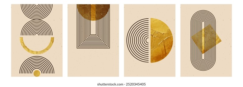 Set of abstract posters with geometric stripy pattern. Vector background with golden texture in trendy boho aesthetic