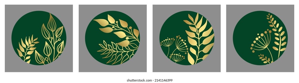 Set of abstract posters with golden branches and leaves on a green background. Botanical elements placed in a circle on a gray background. Flat design. Vector for print, cover and wall art.