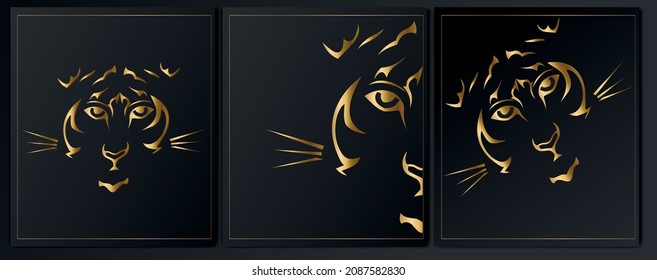 Set of abstract posters with a golden tiger.