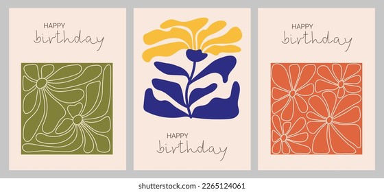 A set of abstract posters or greeting cards with a place for text. Fashionable floral drawings for the interior, postcards, tee print in the hippie style. Naive groovy funky decor. Retro illustrations