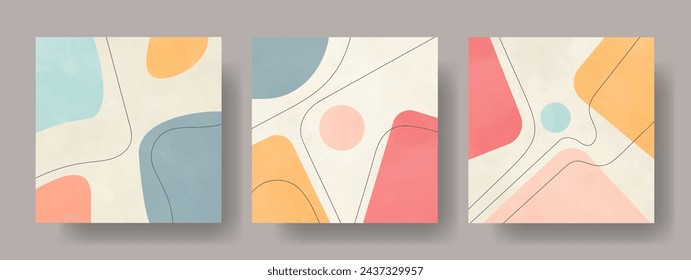 Conjunto de carteles abstractos con formas y líneas de acuarela dibujadas a mano. Ilustraciones modernas del vector del color pastel para el interior del diseño. Fondo contemporáneo con formas aisladas y textura de acuarela.