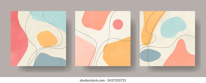 Set of abstract posters with hand drawn watercolor shapes and lines. Modern pastel color vector illustrations for design interior. Contemporary background with isolated shapes and watercolor texture.