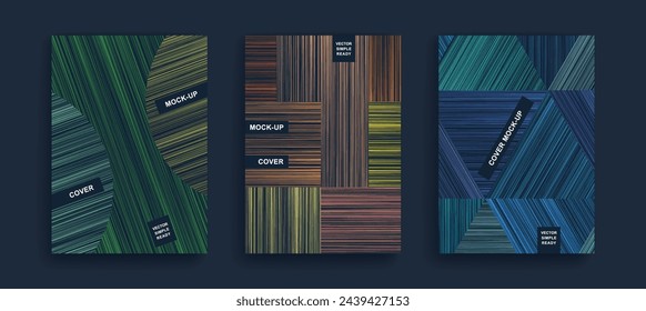 Set of abstract posters with hatching texture. Line shading with an uneven gradient. Modern minimalist design. Vector template