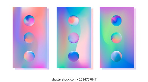 Set of abstract posters with holographic chromatic rainbow texture for design.
