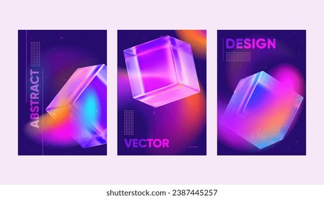 Un conjunto de afiches abstractos con cubos holográficos y ondas luminosas gradientes. Para portadas de diseño, evento musical. Afiche retro futurista vectorial, volante, formato A4. 