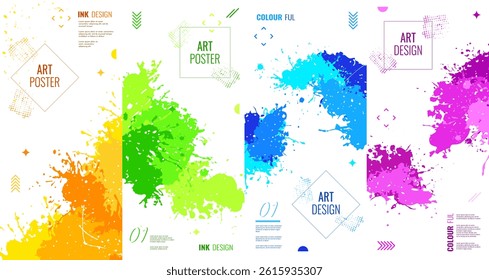 Set of abstract posters with ink splashes. Colorful paint colors on white background. Vector illustration.