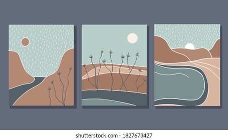 
Conjunto de afiches abstractos con un paisaje. Ilustración de arte moderno. Vector.