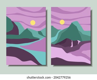 Set of abstract posters with a landscape. Modern Art. Vector illustration.