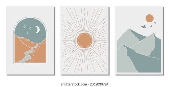 Set of abstract posters. Landscape, sun, moon, mountain. Minimal trendy hand drawn style. Pastel colors. Design for wallpaper, wall decor, postcard, print, cover, social media. Vector illustration