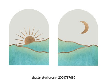 Set of abstract posters. Landscapes, sea, sun, moon. Golden texture, pastel colors. Modern trendy geometric style. Minimal design for wallpaper, wall decor, postcard, print. Vector illustration