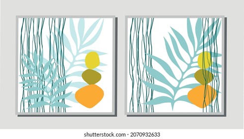 
set of abstract posters with leaves, pebbles and lines