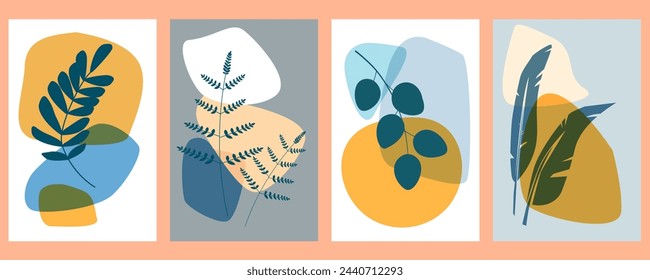 A set of abstract posters with leaves, plants, silhouettes of simple shapes. Vector graphics.