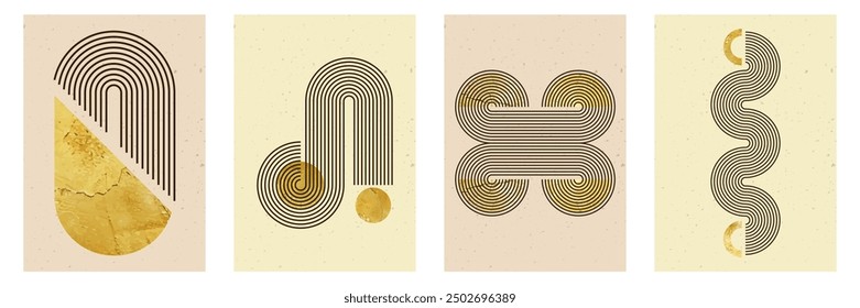 Set of abstract posters with line stripe zen arch and geometric shapes. Vector background with golden texture in trendy boho aesthetic