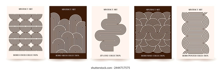 Set abstract posters with line wavy arch in a modern boho and mid century style. Collection of minimalistic zen art with geometric shapes. Vector illustration