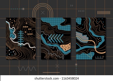 A set of abstract posters made in the style of topographic maps. Patterns with geometric shapes, line art