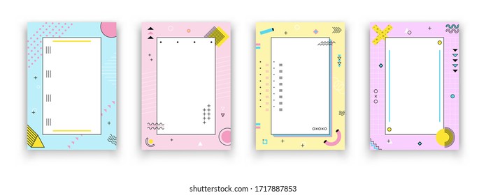 Eine Reihe abstrakter Plakate prägt Formen. Geometrisches Design im hipster-Stil für Notebooks, Copybooks und Werbung, Retro-Banner-Design. Vektorillustration einzeln auf pastellfarbenem Hintergrund