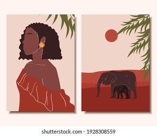 Set of abstract posters. Minimalism. Beautiful woman. Landscape and elephants. Vector illustration.