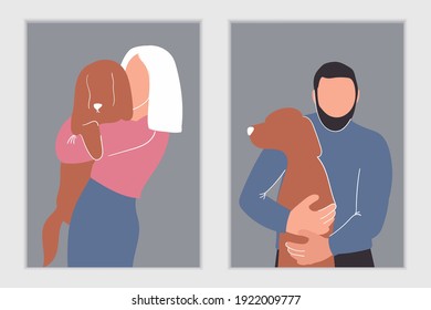 Set of abstract posters. Minimalism. People with their dogs. Vector illustration.