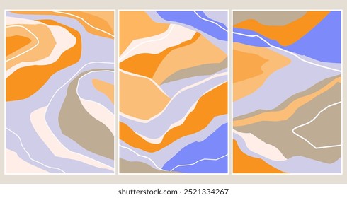 Um conjunto de cartazes abstratos com uma paisagem minimalista. Formas arbitrárias, linhas em imagens verticais. Gráficos vetoriais.
