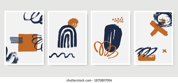 Set of abstract posters in minimalist style with primitive hand painted shapes. Trendy artistic composition for wall decoration, cover, t-shirt print, postcard, web banner. Vector illustration.