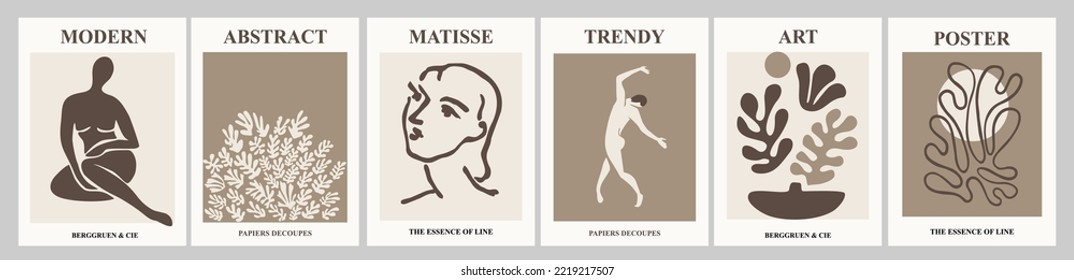 Afiches abstractos en tonos beige y negro modernos. El moderno Matisse inspiró en el arte mural contemporáneo para interiores escandinavos o japoneses. Diseño estético minimalista. Ilustraciones vectoriales.