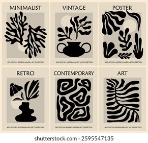 Set of abstract posters in modern beige and black colors. Trendy retro inspired contemporary trippy wall art for scandinavian or japandi style interiors. Aesthetic minimalist design.
