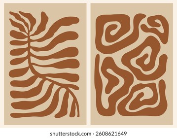 Set of abstract posters in modern beige and terracotta color palette. Trendy retro inspired contemporary wall art for scandinavian or japandi style interiors