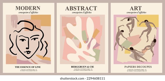 Set of abstract posters in modern danish pastel colors . Trendy Matisse inspired contemporary wall art. Aesthetic minimalist design. Vector art illustrations